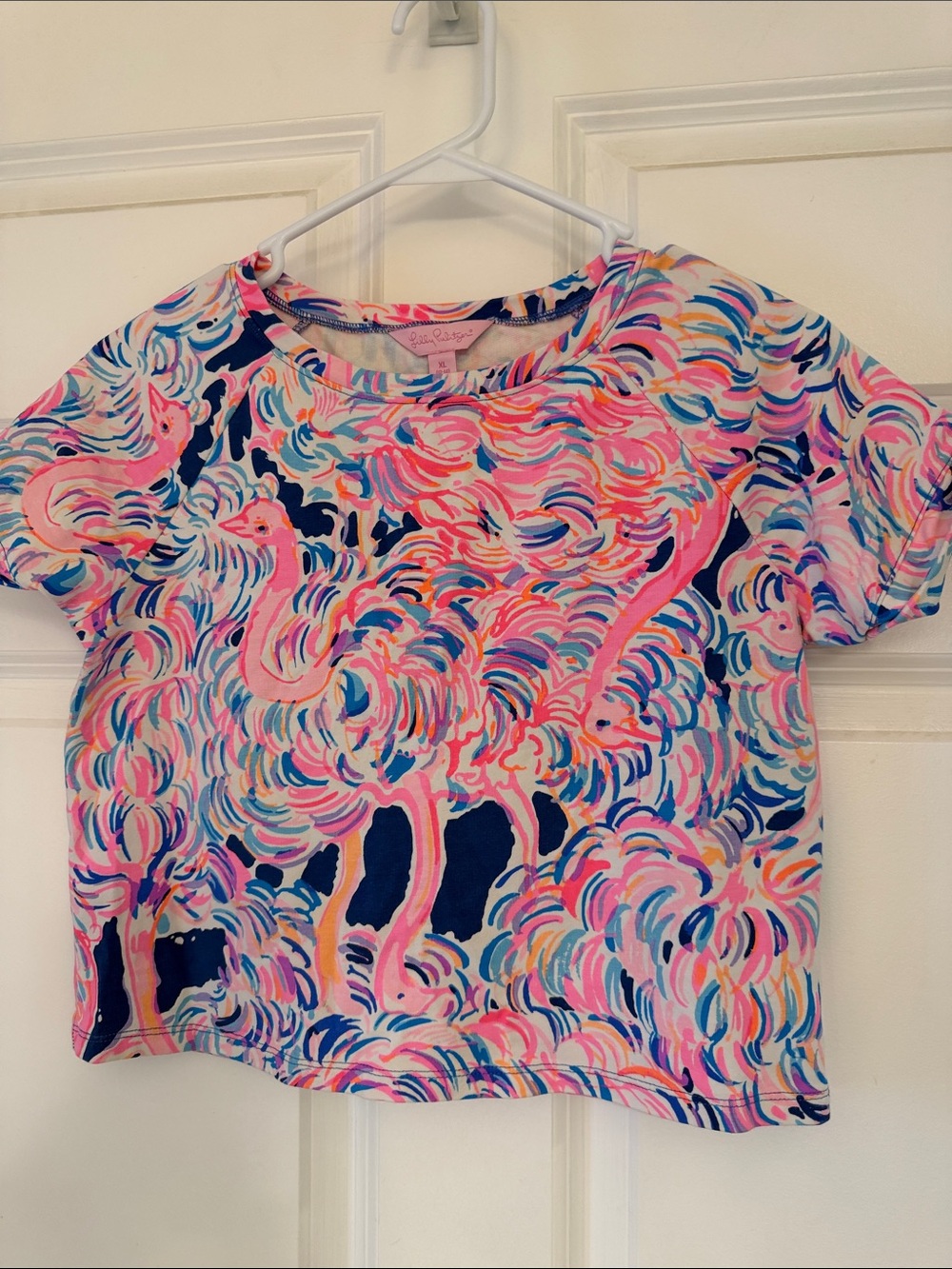 Lilly Pulitzer Pink Blue Multi Ostrich-Print Crop Tee